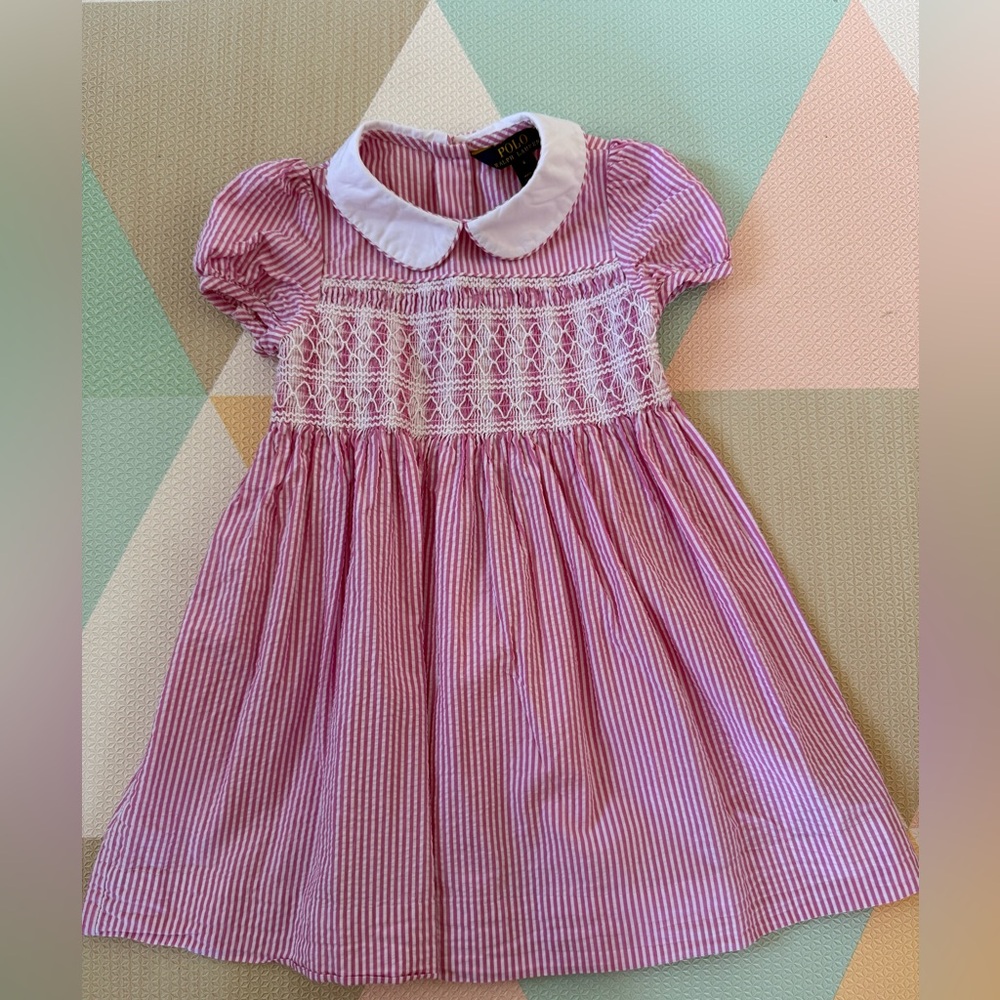 Polo by Ralph Lauren Pink Smocked Striped Dress with White Collar Size 4